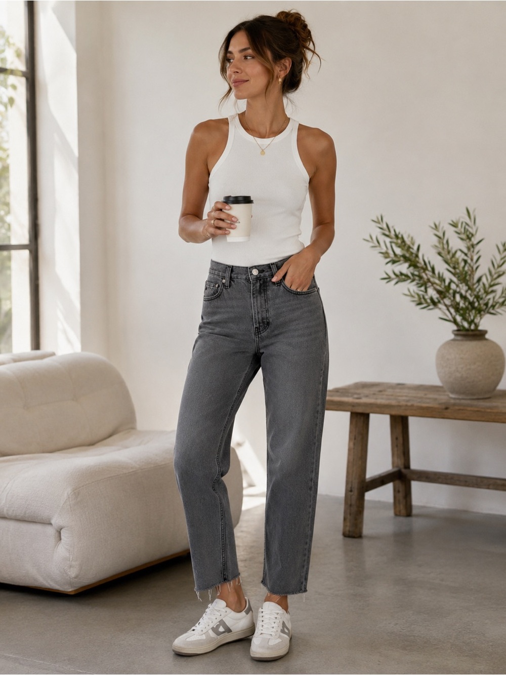 ÉTICA Tyler High Rise Straight Jeans Chalk Gray Raw Hem NWT